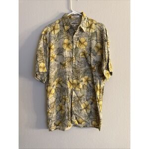 Campia Moda Mens Hawaiian Shirt Button Up Rayon Yellow Hibiscus Fish Size Small